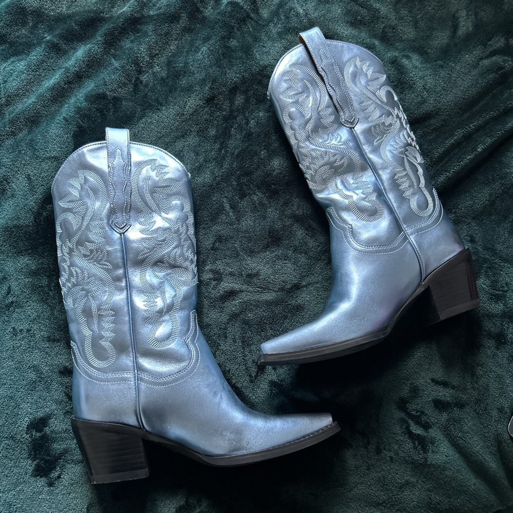 Jeffrey Campbell Blue Heeled Boots with Tall Shaft and Pointed Toe